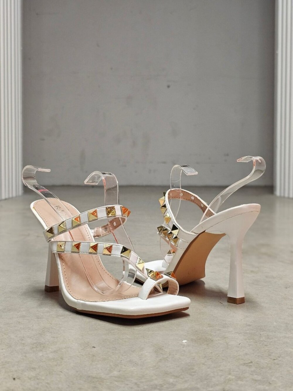 Studded High Heel Sandals With Strappy Design Open Toe & Gold-Tone Accents Ideal
